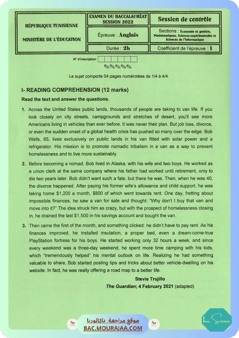 Sujet controle anglais Bac 2022 – Section science